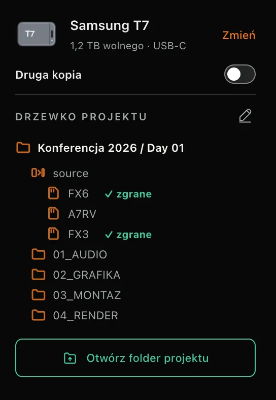 Project tree Konferencja 2026 / Day 01: FX6 and FX3 marked as offloaded, next to folders 01_AUDIO, 02_GRAFIKA, 03_MONTAZ and 04_RENDER; the interface is in Polish