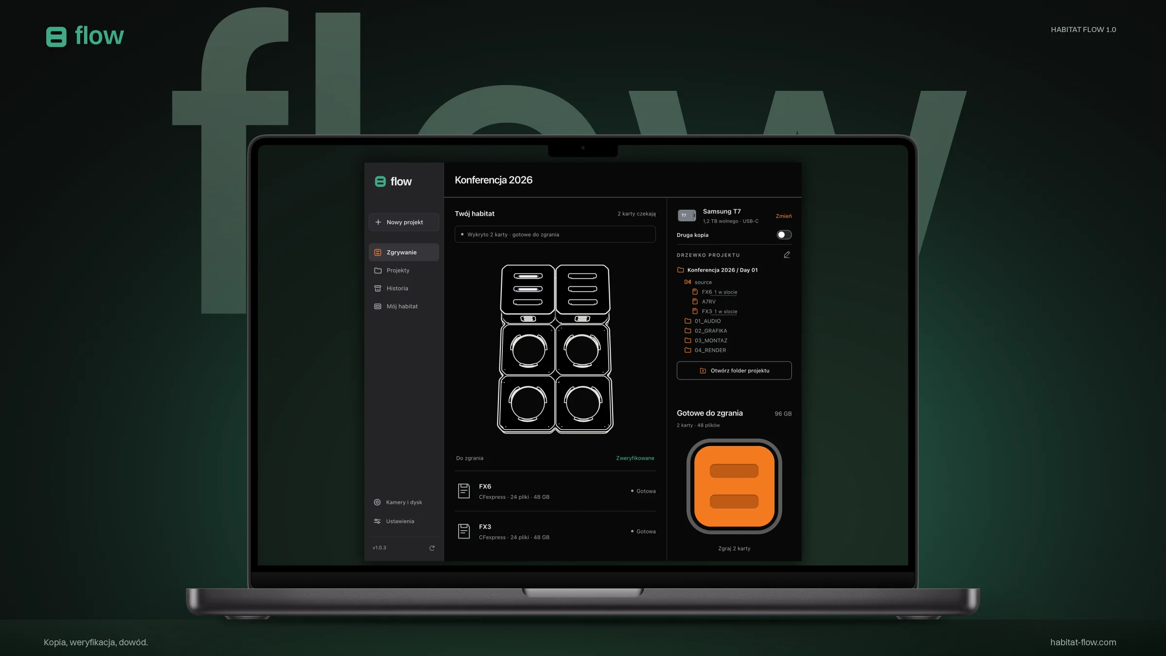 Habitat Flow 1.0 on a MacBook: project Konferencja 2026, FX6 and FX3 cards ready to offload, project tree with camera folders; the app interface is in Polish