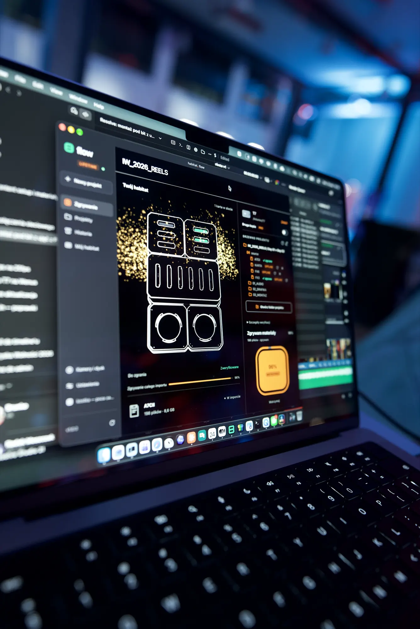 MacBook running Habitat Flow: project IW_2026_REELS, A7C II card ingesting, project folder tree