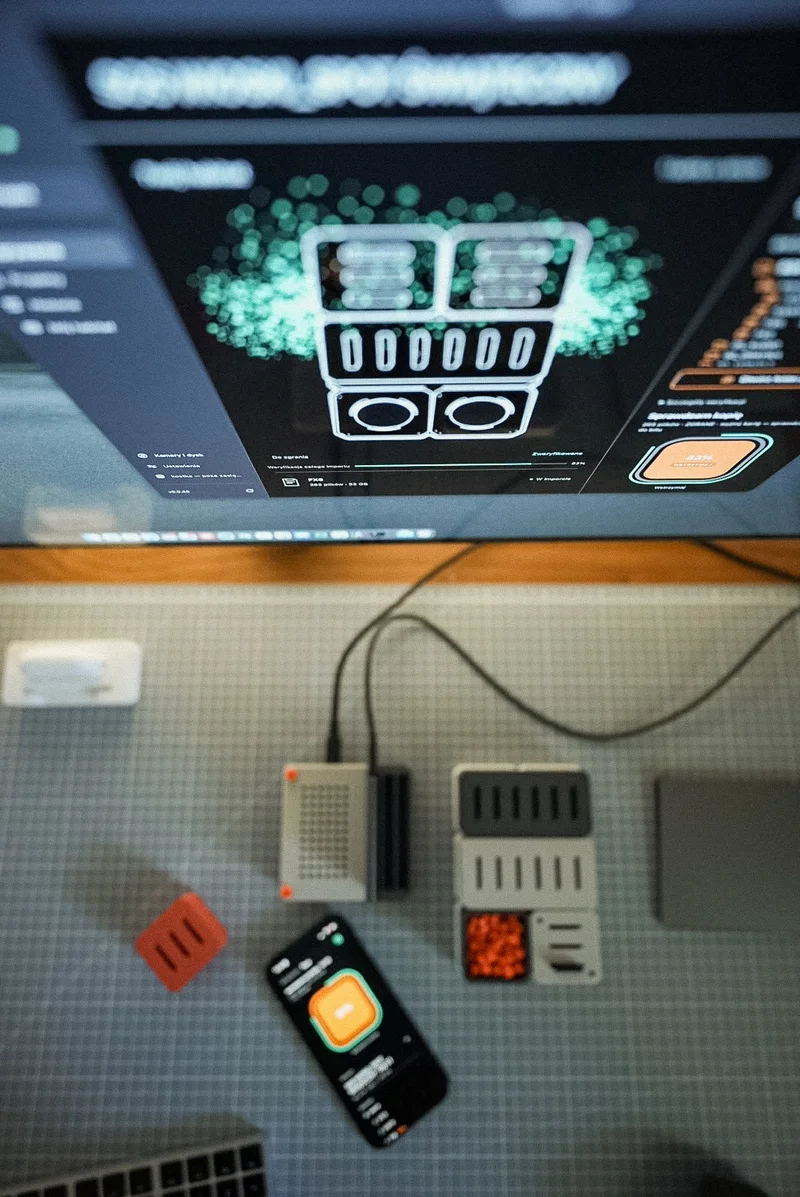 Desk from above: the Mac ingests a card, a dock and an iPhone with Habitat Flow beside it