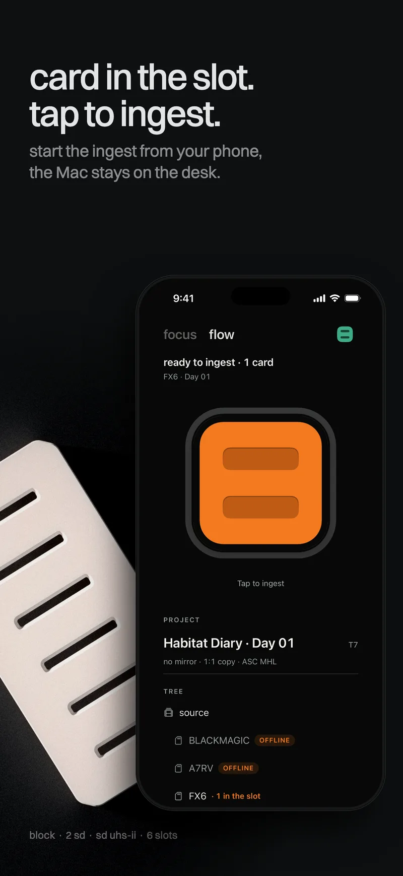 Start screen in Habitat Flow on iPhone: card in the slot, tap to ingest