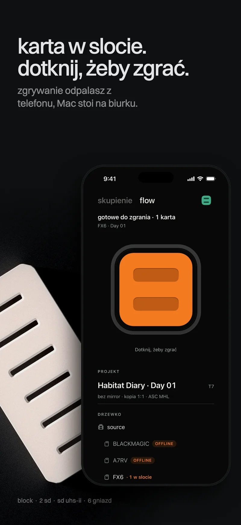 Ekran Start w Habitat Flow na iPhonie: karta w slocie, dotknij, żeby zgrać