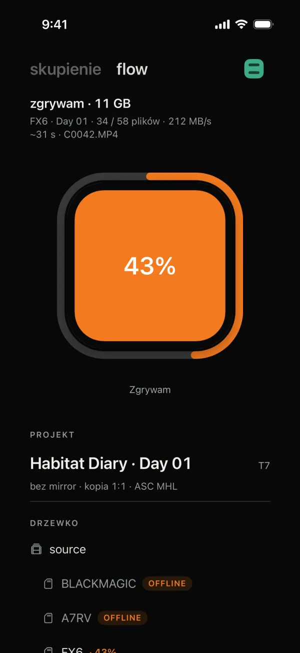 Habitat Flow na iPhonie: Mac zgrywa kartę FX6, 43%, 212 MB/s