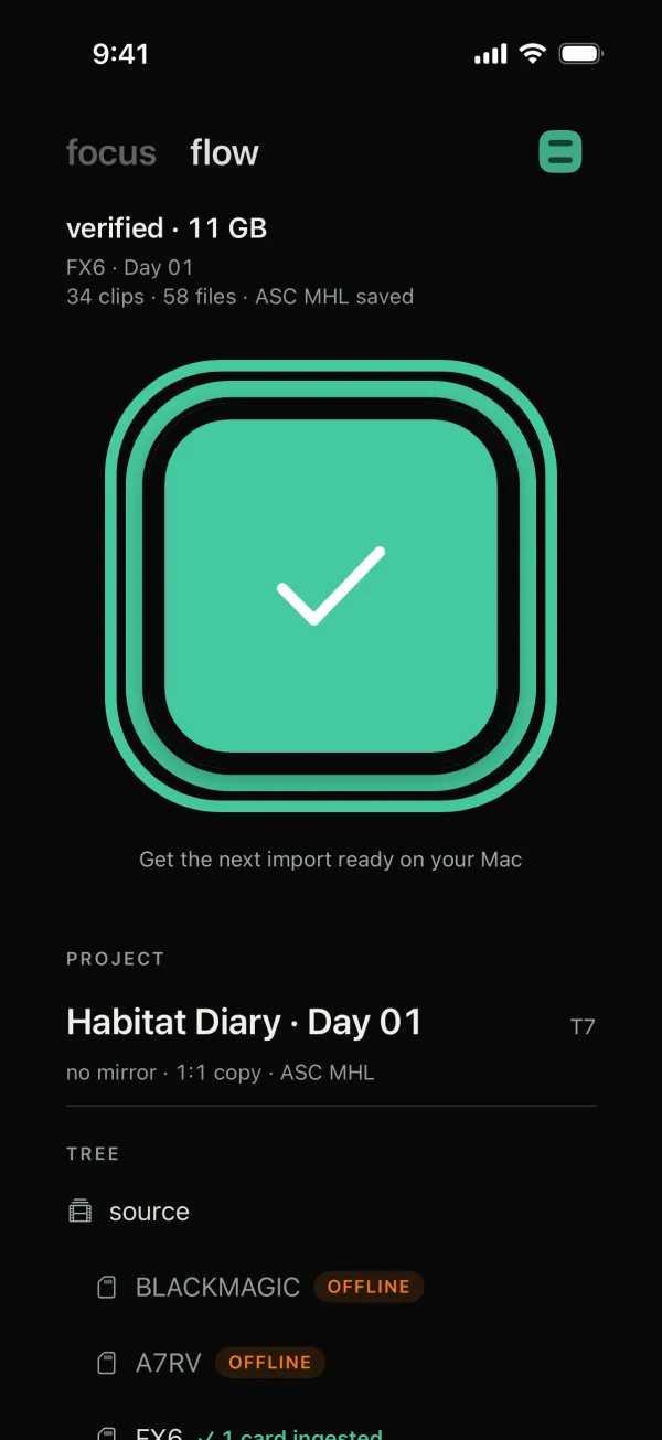 Habitat Flow on iPhone: 11 GB verified, ASC MHL saved