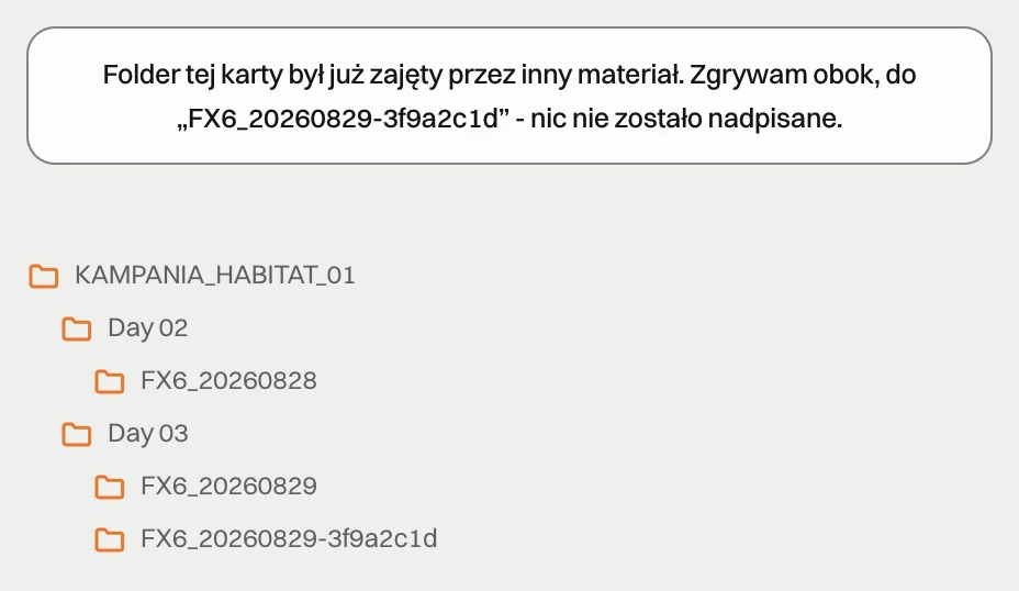 Komunikat habitat flow o zgraniu obok i drzewko projektu z dwoma folderami FX6 tego samego dnia