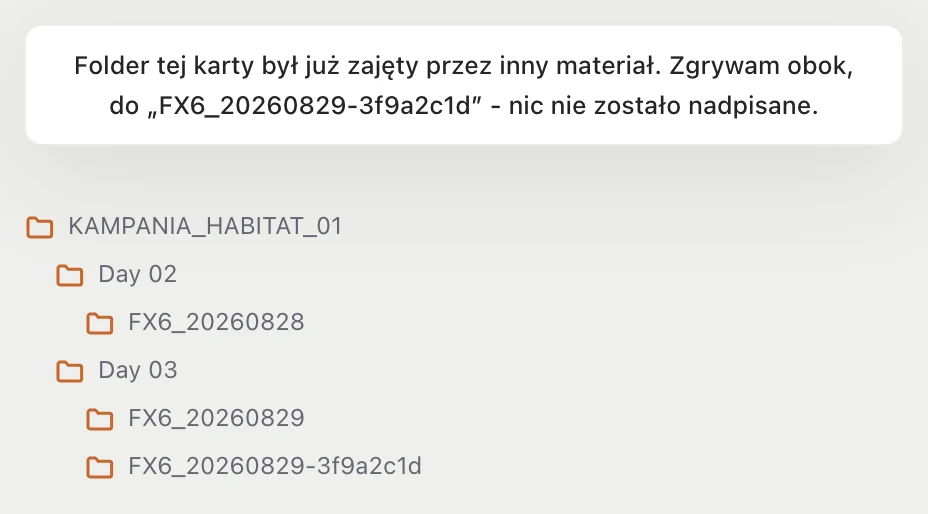 Komunikat habitat flow o zgraniu obok i drzewko projektu z dwoma folderami FX6 tego samego dnia
