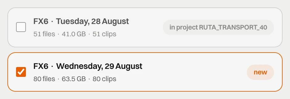 Card content picker in habitat flow: a day in project RUTA_TRANSPORT_40 unchecked, the new day checked