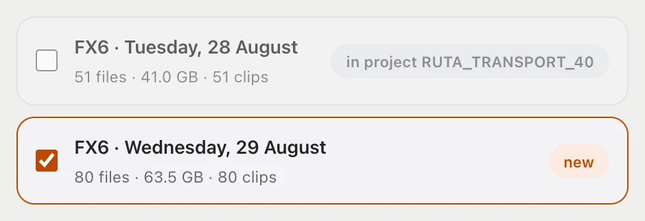 Card content picker in habitat flow: a day in project RUTA_TRANSPORT_40 unchecked, the new day checked