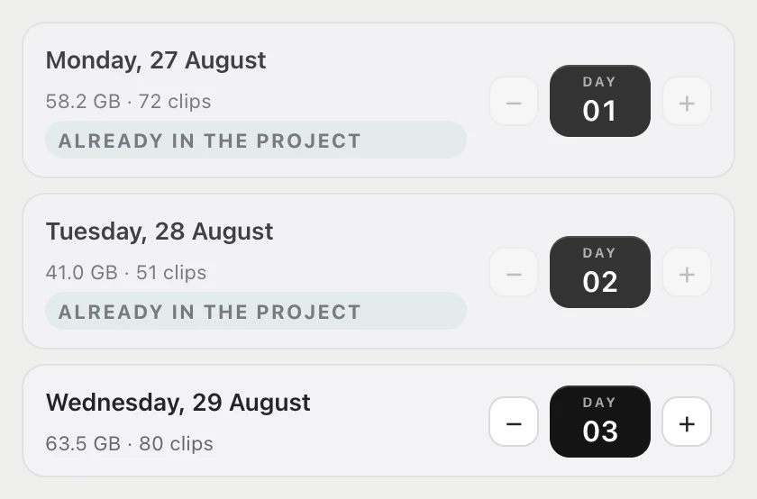 Day list in habitat flow: Day 01 and Day 02 already in the project, Day 03 new