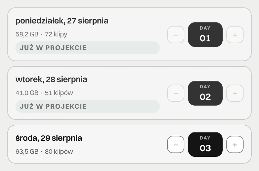 Lista dni w habitat flow: Day 01 i Day 02 już w projekcie, Day 03 nowy