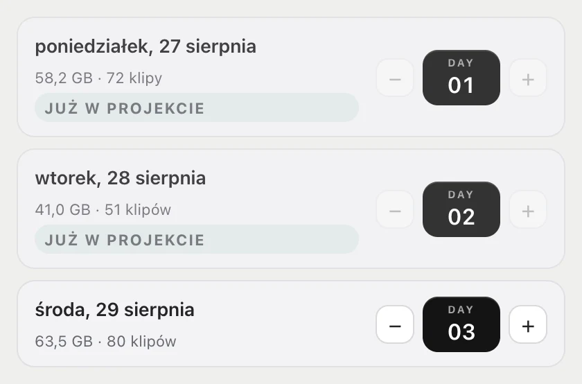 Lista dni w habitat flow: Day 01 i Day 02 już w projekcie, Day 03 nowy