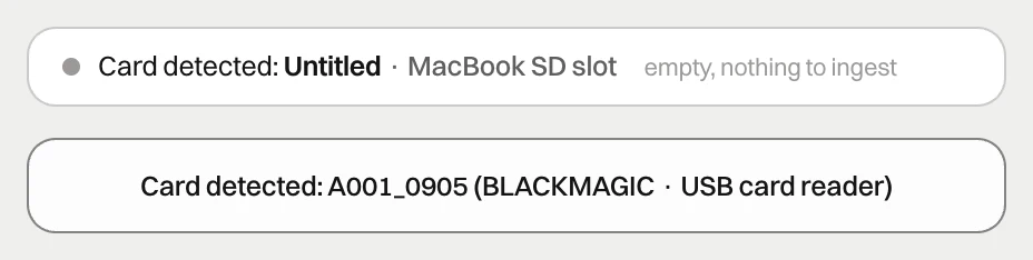 habitat flow banner: an empty card in the MacBook SD slot and a note about a Blackmagic card in a USB reader