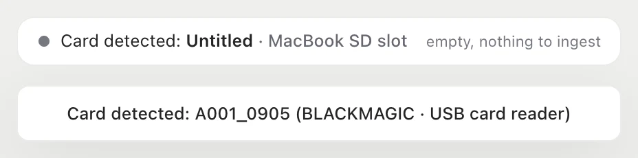 habitat flow banner: an empty card in the MacBook SD slot and a note about a Blackmagic card in a USB reader
