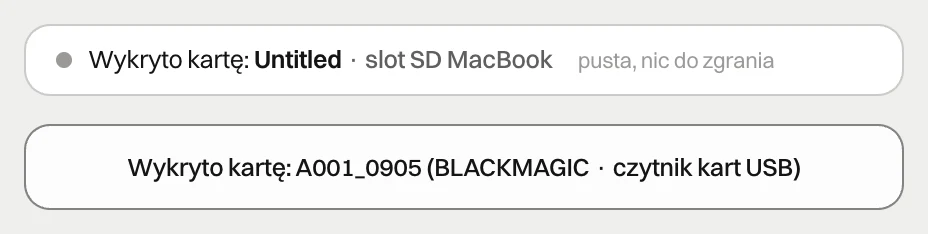 Baner habitat flow: pusta karta w slocie SD MacBook i komunikat o karcie Blackmagic w czytniku USB