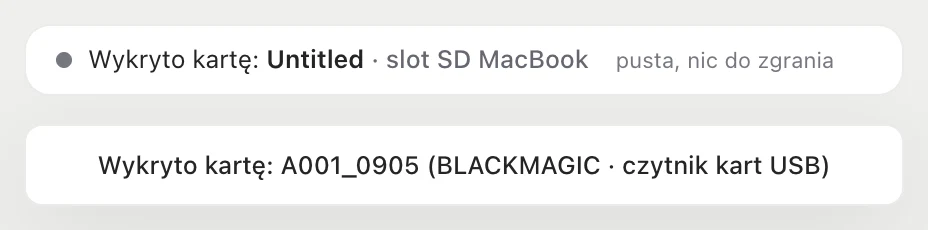 Baner habitat flow: pusta karta w slocie SD MacBook i komunikat o karcie Blackmagic w czytniku USB