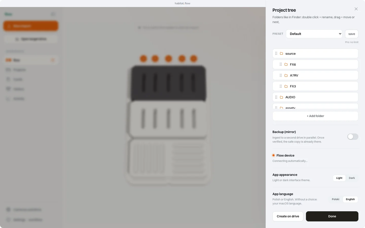 Project tree in habitat flow: folders and the structure preset
