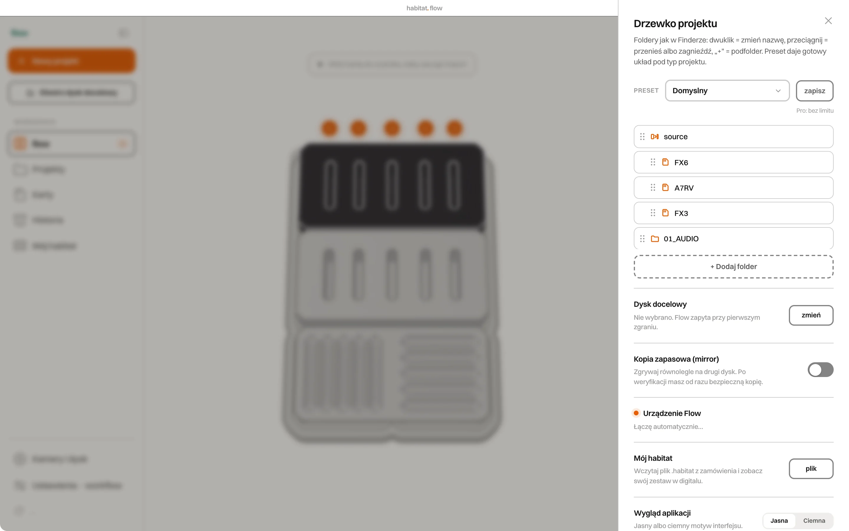 Drzewko projektu w habitat flow: foldery i preset struktury
